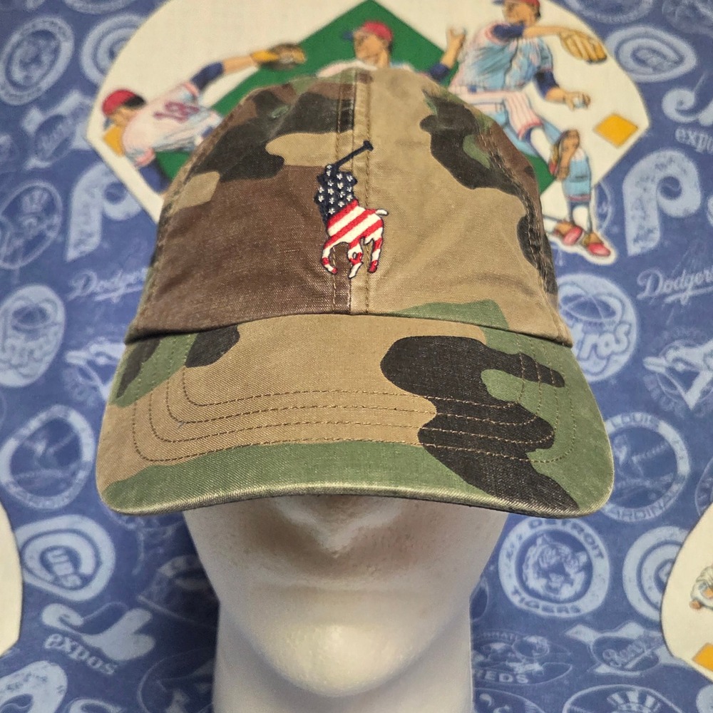 Polo Ralph Lauren Hat Mens Big Pony Camo American Flag Cap Adjustable Strapback